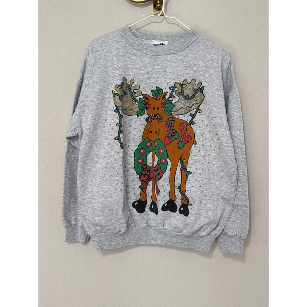 Admit One Sweatshirt Unisex Medium Gray Vintage Christmas Moose Glitter Graphic